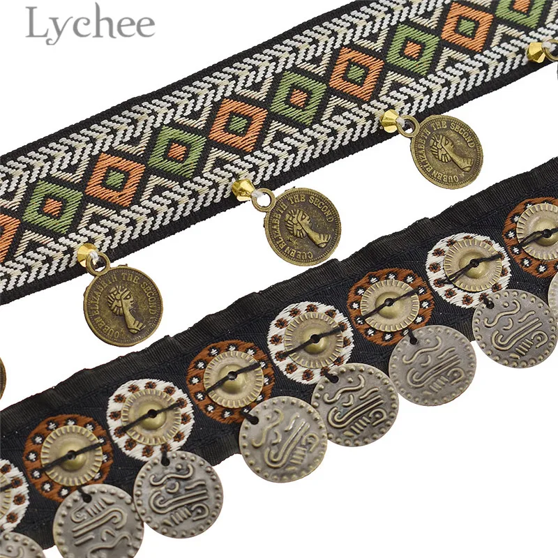 

Lychee 1 Yard Bohemian Style Tassel Ribbon Vintage Webbing Trim with Iron Slice DIY Sewing Material Supplies