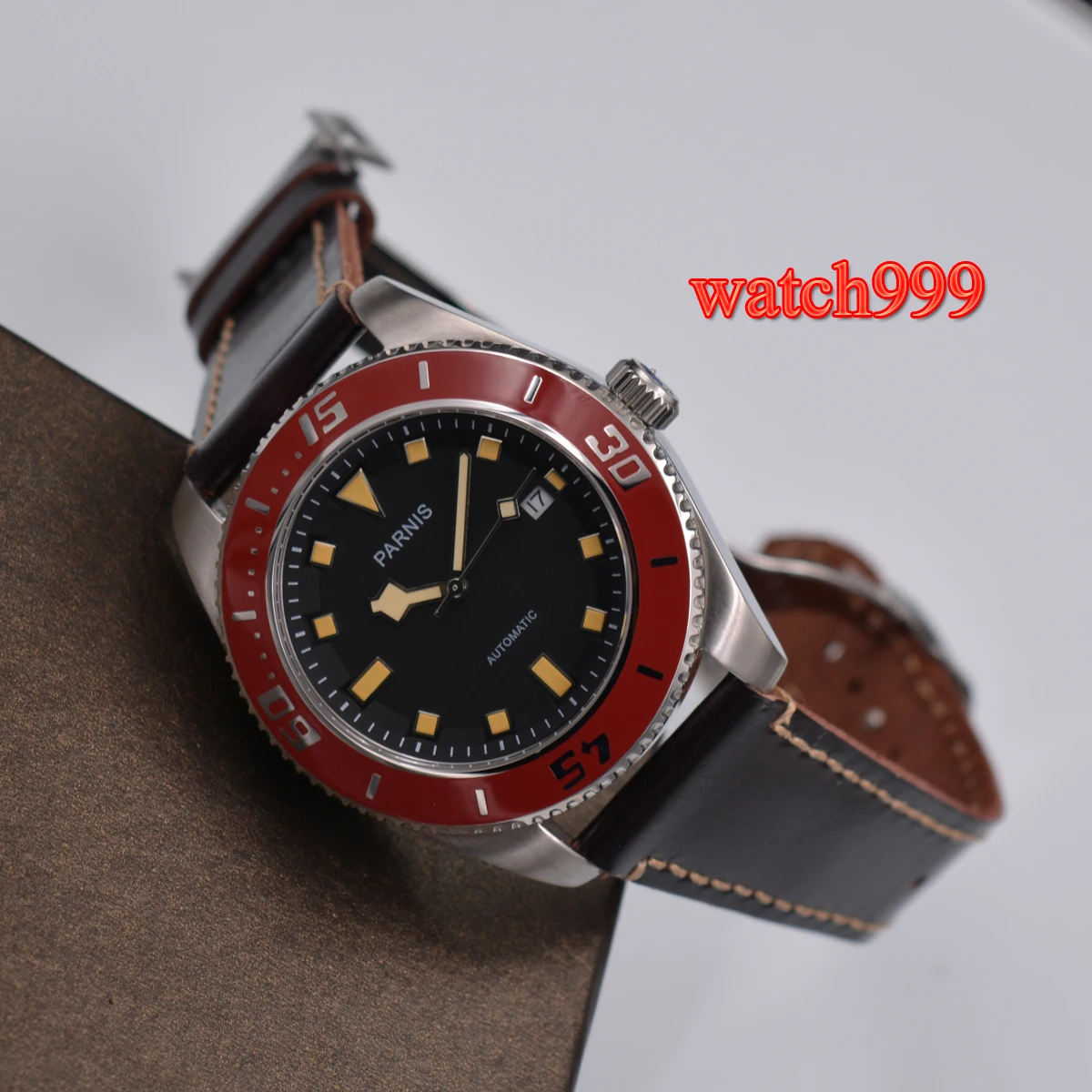 

Parnis 43mm Red Bezel Sapphire crystal Luminous MIYOTA 8215 movement deployant buckle Automatic Mechanical Mens Watch