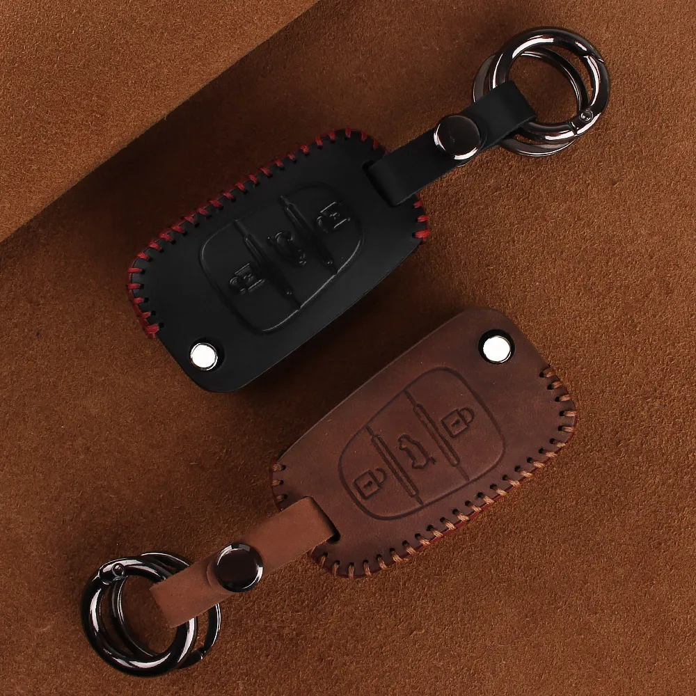 Dandkey Car Leather Key Cover Case 3 Button For Hyundai i20 i30 i35 iX20 iX35 Solaris Verna For Kia Rio K2 K5 Sportage Sorento