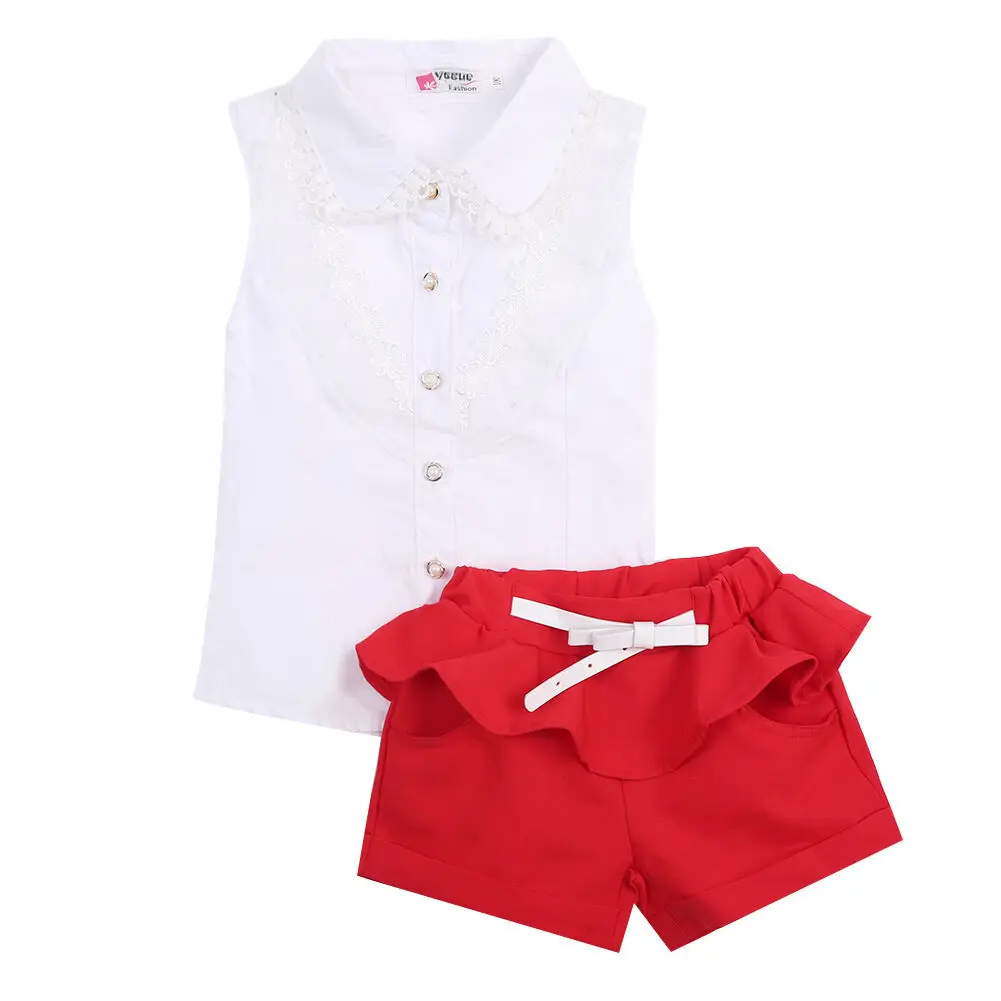 

Summer Baby Girls Clothes Sleeveless Lace Tops Shirt+Ruffle Short Pants 2pcs Button Outfits Set Casual Toddler Clothes