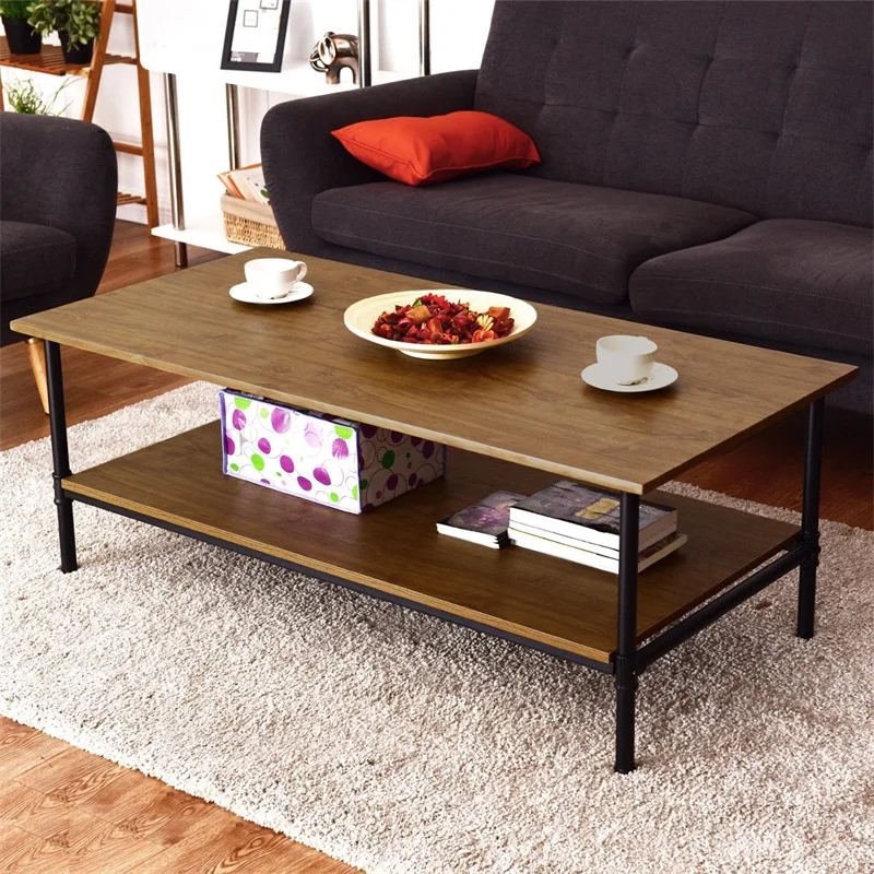 

Rectangle Metal Frame Cocktail Coffee Table with Storage Shelf Two Layers High Quality MDF Top Balance Adjustable Pads HW57352