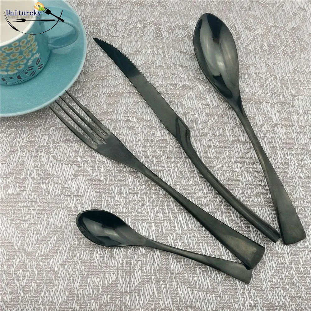 4Pcs/Lot Black European Tableware Set Cutlery Set 304 Stainless Steel Dinnerware Steak Sharp Knife Scoop Fork Teaspoon For 1 4Pcs/Lot Black European Tableware Set Cutlery Set 304 Stainless Steel Dinnerware Steak Sharp Knife Scoop Fork Teaspoon For 1