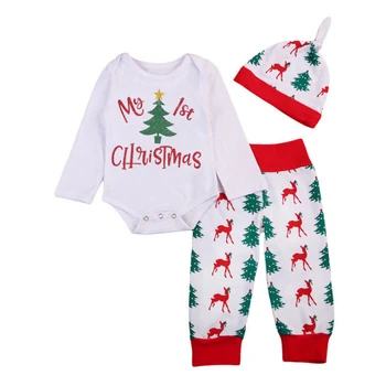 

Newborn Baby New Years Clothing Set "My 1st Christmas" Letter Printed Bodysuits Xmas Reindeer Pants Beanies 3Pcs Sets 0-24M CS38
