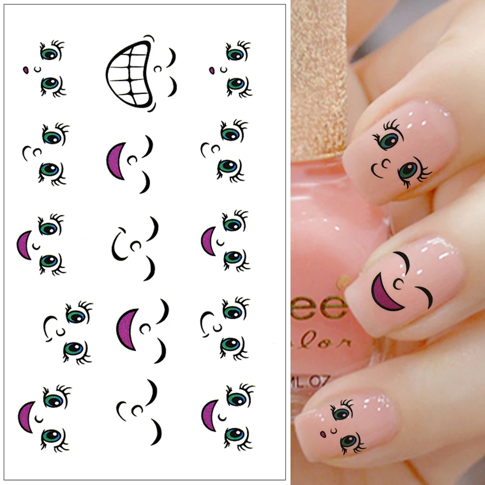 2 Sheets 3D Smile Face Nail Art Sticker Yellow Black Adhesive DIY Stamping Decorations Nails Beauty Manicure Tools