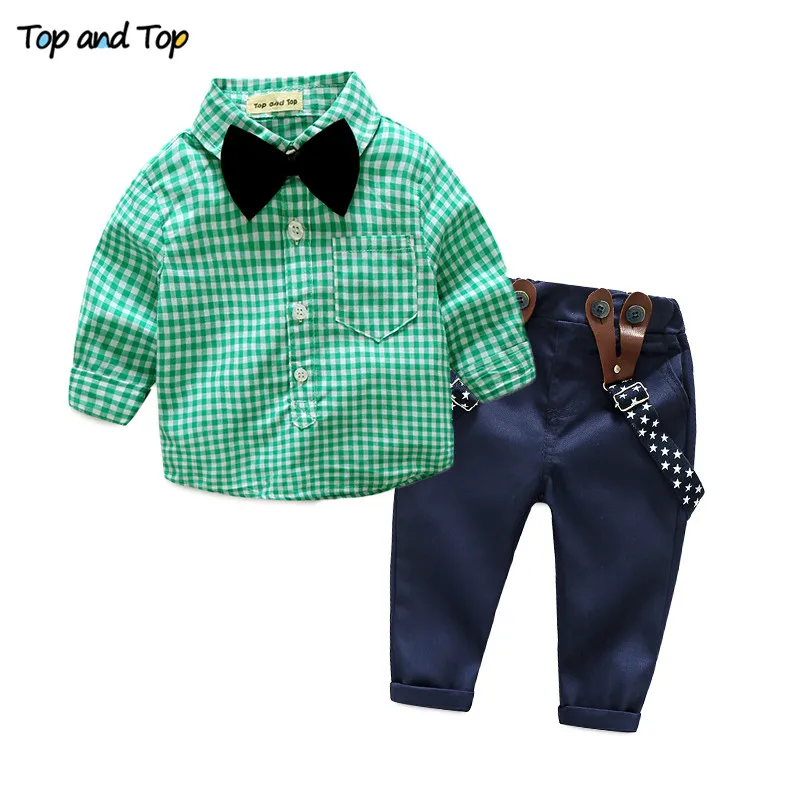 Топ и топ, комплект одежды для маленьких мальчиков, одежда джентльмена для новорожденных мальчиков, рубашка с длинными рукавами+ комбинезон для малышей, комплект одежды из 2 предметов, Bebes - Цвет: Светло-зеленый