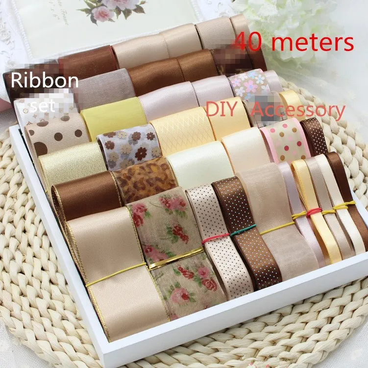 

Retail 40 Meters coffee mixed Printed Satin Grosgrain Organza patterned woven Ribbon DIY Sewing Tape Kids Hairbows Accessories