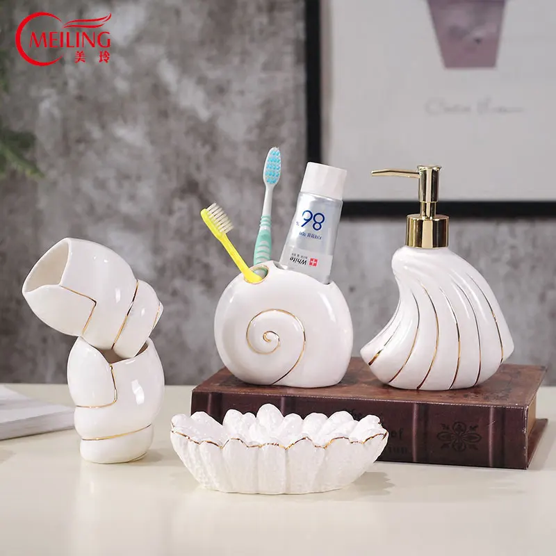 

New White Ceramic Conch Bathroom Set Gold Rim Toothpaste Dispenser Toothbrush Holder For Bathroom Decoration Toilet Accessories