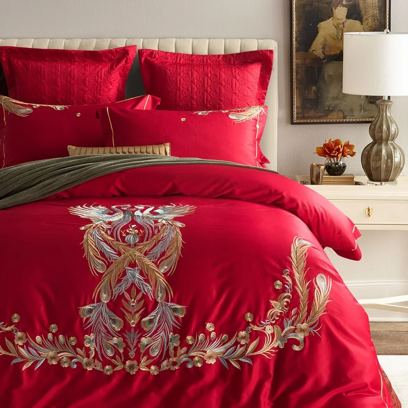 

Luxury Red Wedding Golden Phoenix embroidery 60S Egyptian cotton Bedding Set Duvet Cover Bed sheet Pillowcases King Queen Size