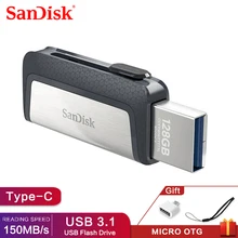 Pen 100% sandisk extreme alta velocidade, 128gb sdddc2 usb3.1 dual tg usb flash drive 64gb drives pendrives 16gb 150 m/s 32gb