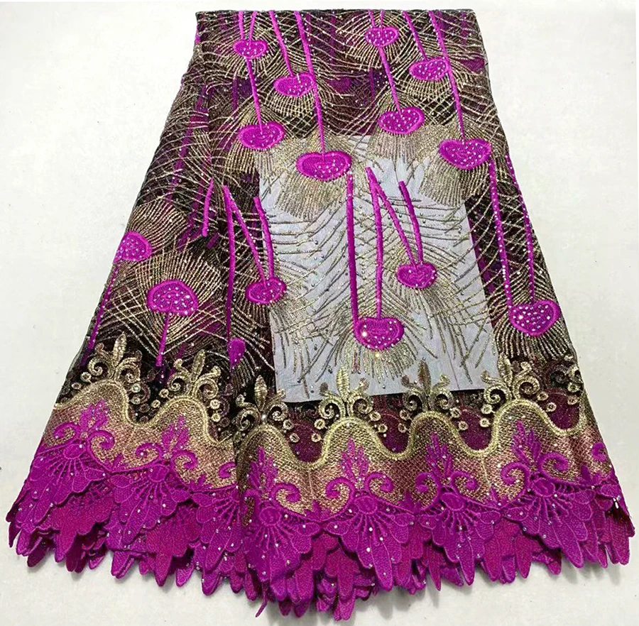 

Purple+Gold Line Embroidered Stones Net Lace Fabric High Quality French African Mesh Tulle With Stones Guipure Wedding Fabric