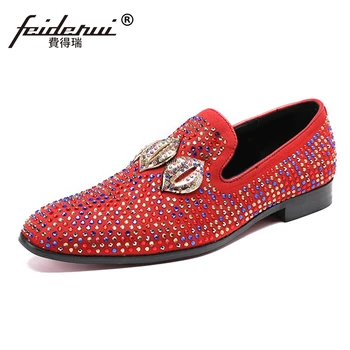 

Plus Size New Cow Suede Leather Moccasin Wedding Party Loafers Round Toe Slip on Men's Rhinestone Banquet Casual Shoes SL230