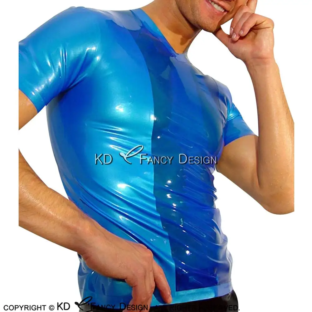 

Metallic Blue With Transparent Blue Sexy Latex Tee Shirt Short Sleeves Rubber T Shirt Top YF-0124