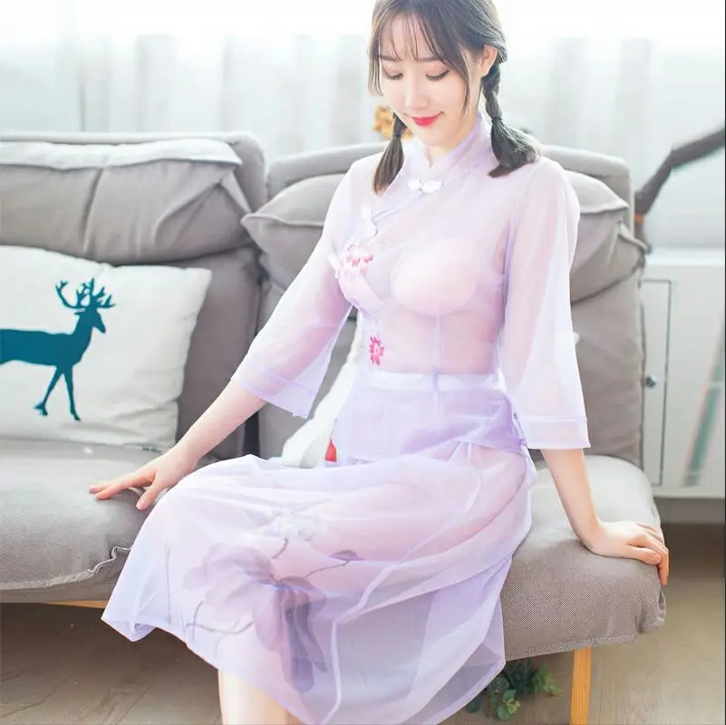Ретро китайский стиль сексуальное женское белье Сладкий прозрачные костюмы Соблазнительная Пижама с цветочным принтом длинная юбка открыть файл 3 шт - Цвет: Purple