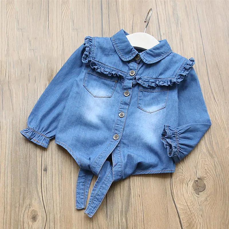 Летняя рубашка; хлопковая одежда для девочек; Повседневная Джинсовая блузка с оборками; топы с длинными рукавами для маленьких девочек; детская верхняя одежда; сезон весна - Цвет: Navy Blue