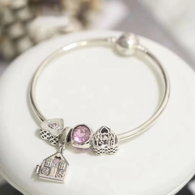 

Fits Jewelry Charm DIY Women Jewelry Gift Finished Bracelet 925 Sterling Silver Heart Beads Pink Series Bracelet