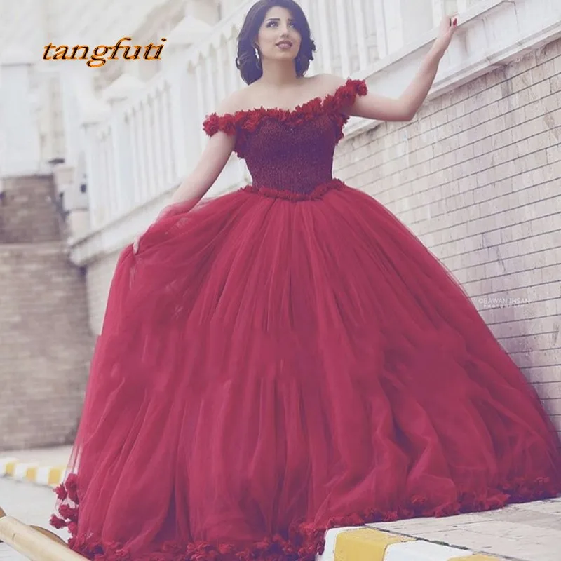 Бордовые платья Quinceanera 3D с цветочным принтом Бисер Длинные принцессы Саудовская арабские сладкий 16 Платья для дебютантки на выпускной