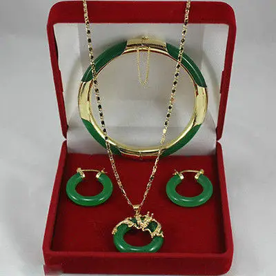 

QW658 Latest jewelry green jade necklace pendants earrings bracelets Set>^^>18K gold plated watch Quartz stone CZ crystal