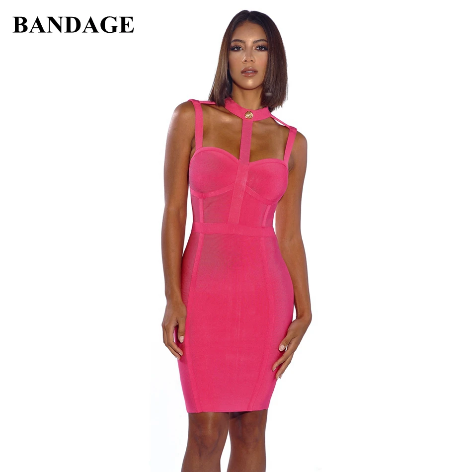 

BANDAGE High Quality Choker Neck Pink Bandage Dress Backless Mini Bodycon Vestidos Sexy Button Detailed Clubwear Party Dress