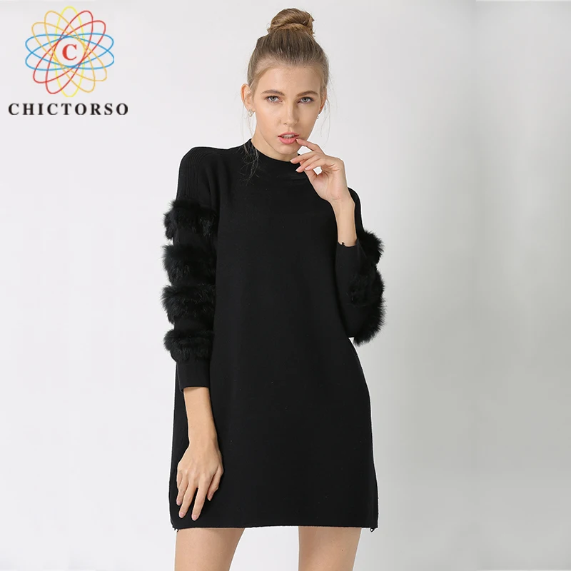 Kopen Chictorso Echt Bont Lange Mouw Vrouwen Trui Truien Meisjes Jumpers Jurken Gebreide Top Fashion Winter Truien Uitloper Zwart