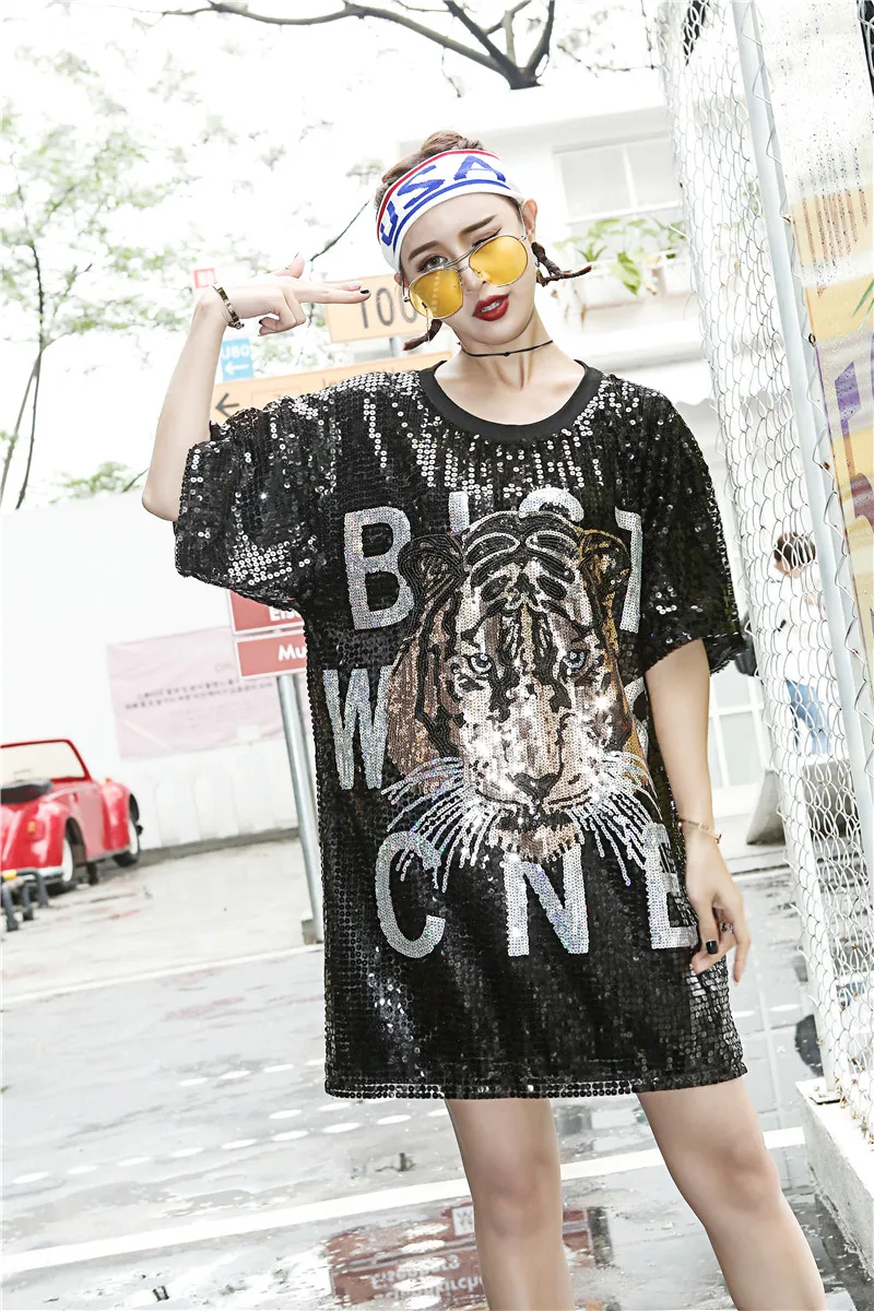 

Spring Summer Cartoon Animal Sequins T-Shirt Women High Street Bling Bling Tees Plus Size Loose Long Short Sleeve Pullovers