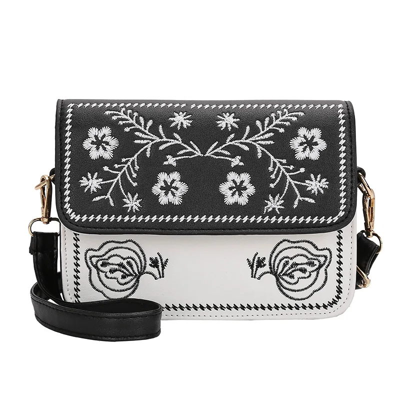 

New Designer Luxury Embroidered Flower Shoulder Bags Women Leather National Style Small Square Package Crossbody Bag for Female