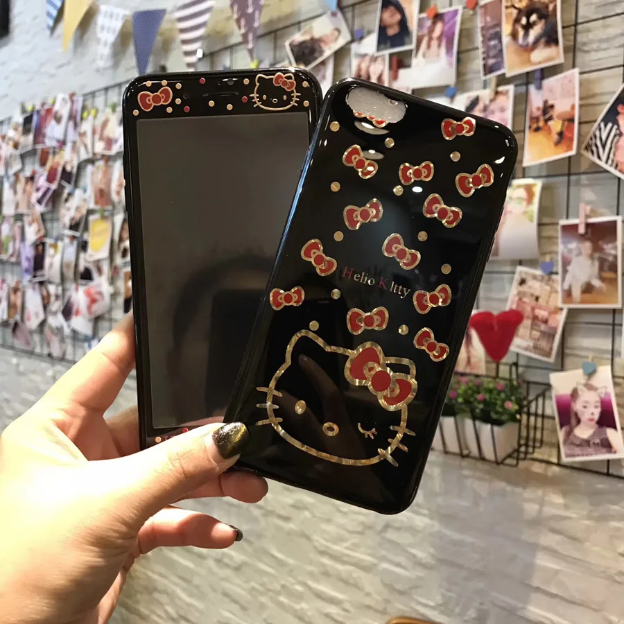 For iPhone 8 8plus Kitty Case + Tempered Glass Screen film , plating smooth KT Cartoon case for