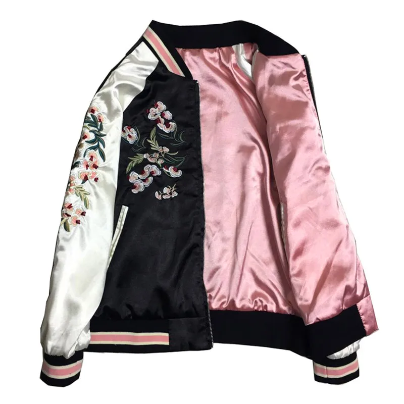 2017 silk jacket coat embroidery zipper short jacket flower printed