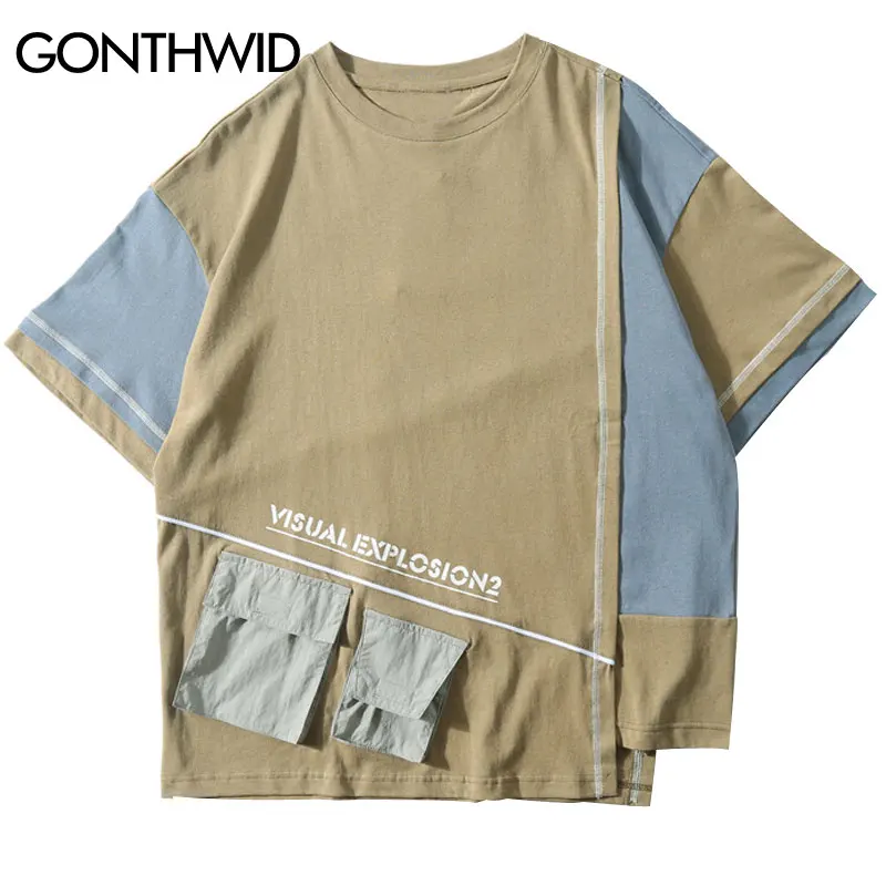 

GONTHWID Front Pockets Irregular Color Block Patchwork Tshirts Streetwear Hip Hop Casual Short Sleeve Tops Tees Fashion Tshirts
