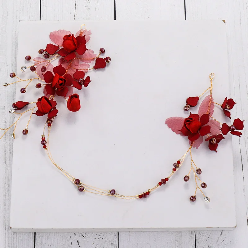 

Elegant Handmade Burgundy Yarn Rose Flower Red Silk Butterfly Copper Wire Headband Deep Red Rubies Hair Vine Crystal Tiara Crown