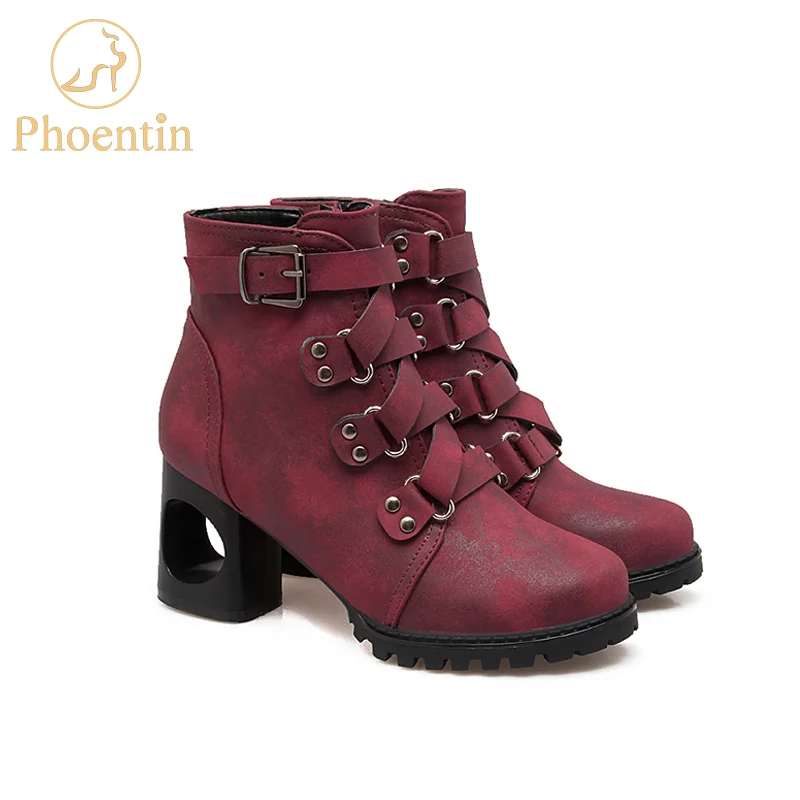 

Phoentin retro cross tied buckle strap ankle boots platforms with zip fretwork high heel PU leather women's autumn shoes FT195