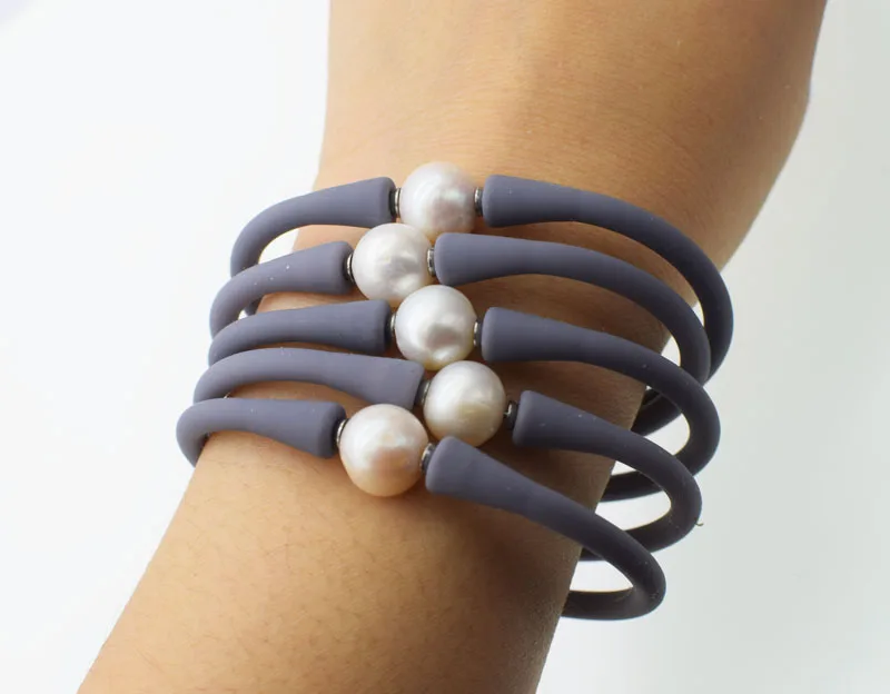 

5pieces freshwater pearl grey silicone bracelet white near round 10-11mm nature 7.5inch FPPj wholesale beads