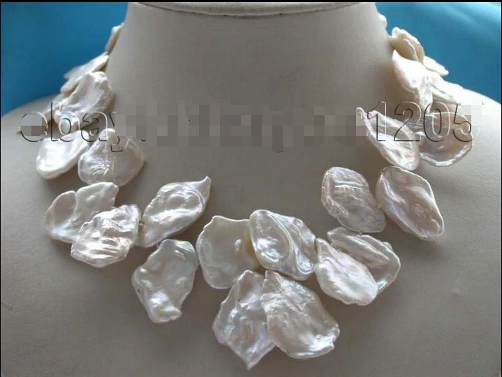 

free shipping 17" Genuine Natural 21x32mm white Reborn Keshi Petal Pearl Necklace #f1334 ()