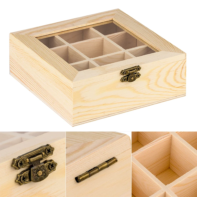 9 Compartments Vintage Wooden Jewelry Box Glass Top Storage Container Gift