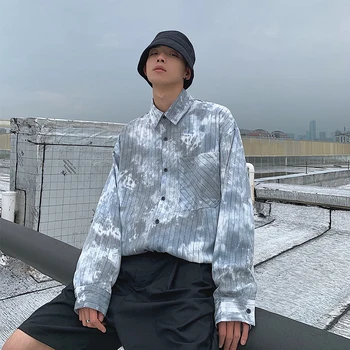 

2019 Spring And Autumn New Teen Men Hit Color Cotton Loose Fashion Casual Long-sleeved Tie-dyed Shirt Purple / Sky Blue S-XL