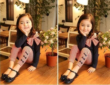 Retail and wholesle spring and autumn toddler girl clothing sets children clothes kids top with bow+striped leggings 2pcs kids clothes