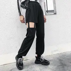 2019 черные выдалбливают брюки для девочек пикантные повседневные High Street карандаш для женщин длинные мотобрюки свободные уличная