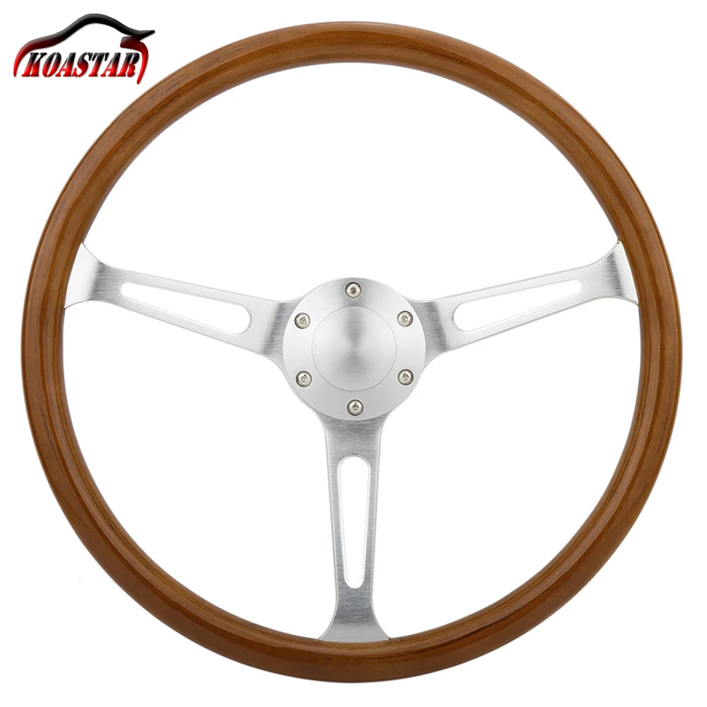 

380mm 15" Classic Wooden Steering Wheel Racing Car Chrome Silver Spoke Vintage Classic Wood Grain Steering Wheel