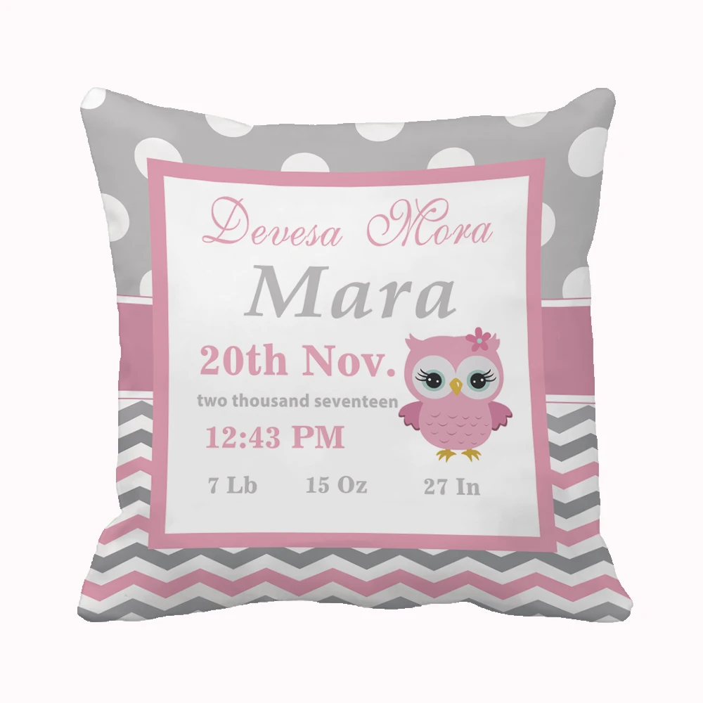 

Custom Gray Pink and Blue Owl Baby Nursery Throw Pillow Cover Home Decorative Cotton Polyester Cushion Covers Baby Gift