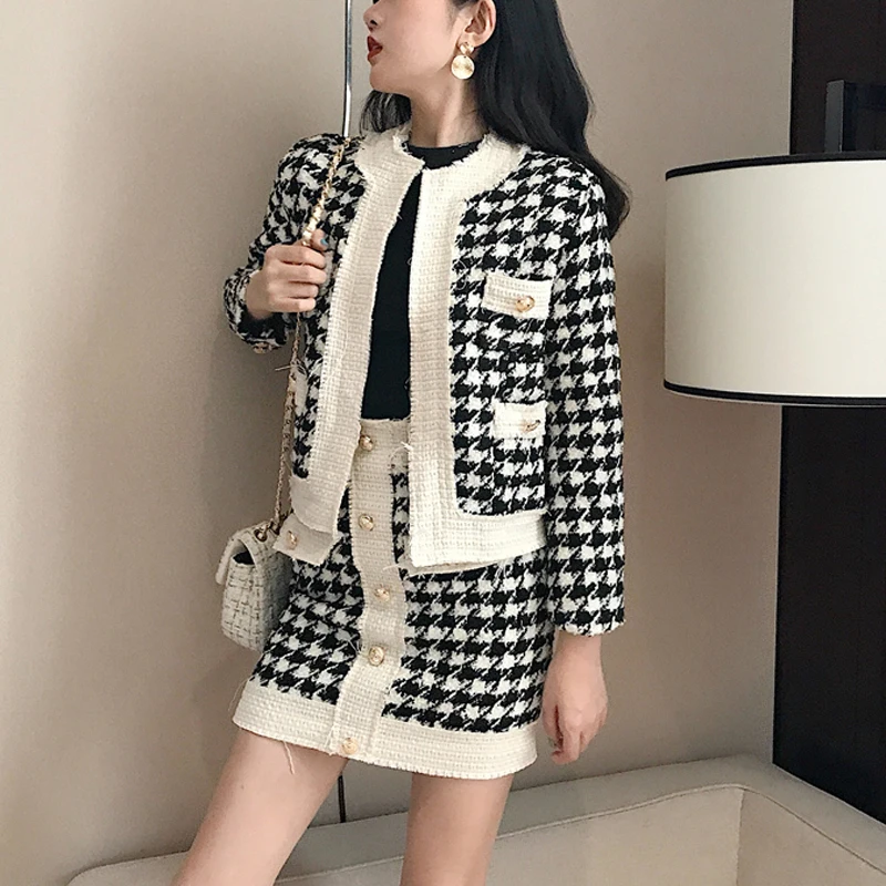 

women black white houndtooth tweed jacket mini skirt pencil 2 two pieces set elegant plaid button two piece set skirt