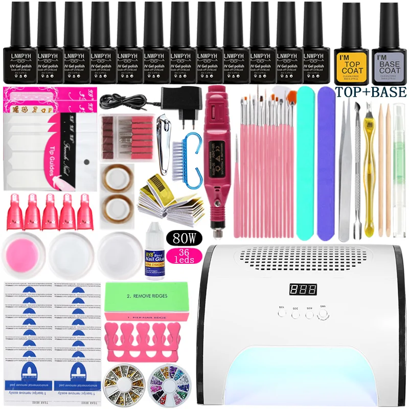 

Nail Set 12 Colors Nail Gel Polish Kit Nail Art Manicure Set 80W UV LED Lamp Dryer + Art Salon Suction Dust Collector