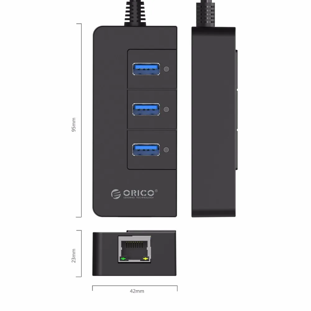 Tanie ORICO HR01 U3 3 porty super prędkość USB3.0 rozgałęźnik hub z zewnętrznym RJ45 Gigabit karta sieciowa ethernet 5 gb s czarny dla Laptop