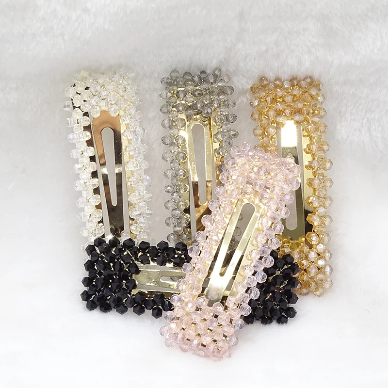 

2019 fashion crystal hairpin female headdress hand-woven rectangular side clip girl hair accessories simple hairpin 5 colors