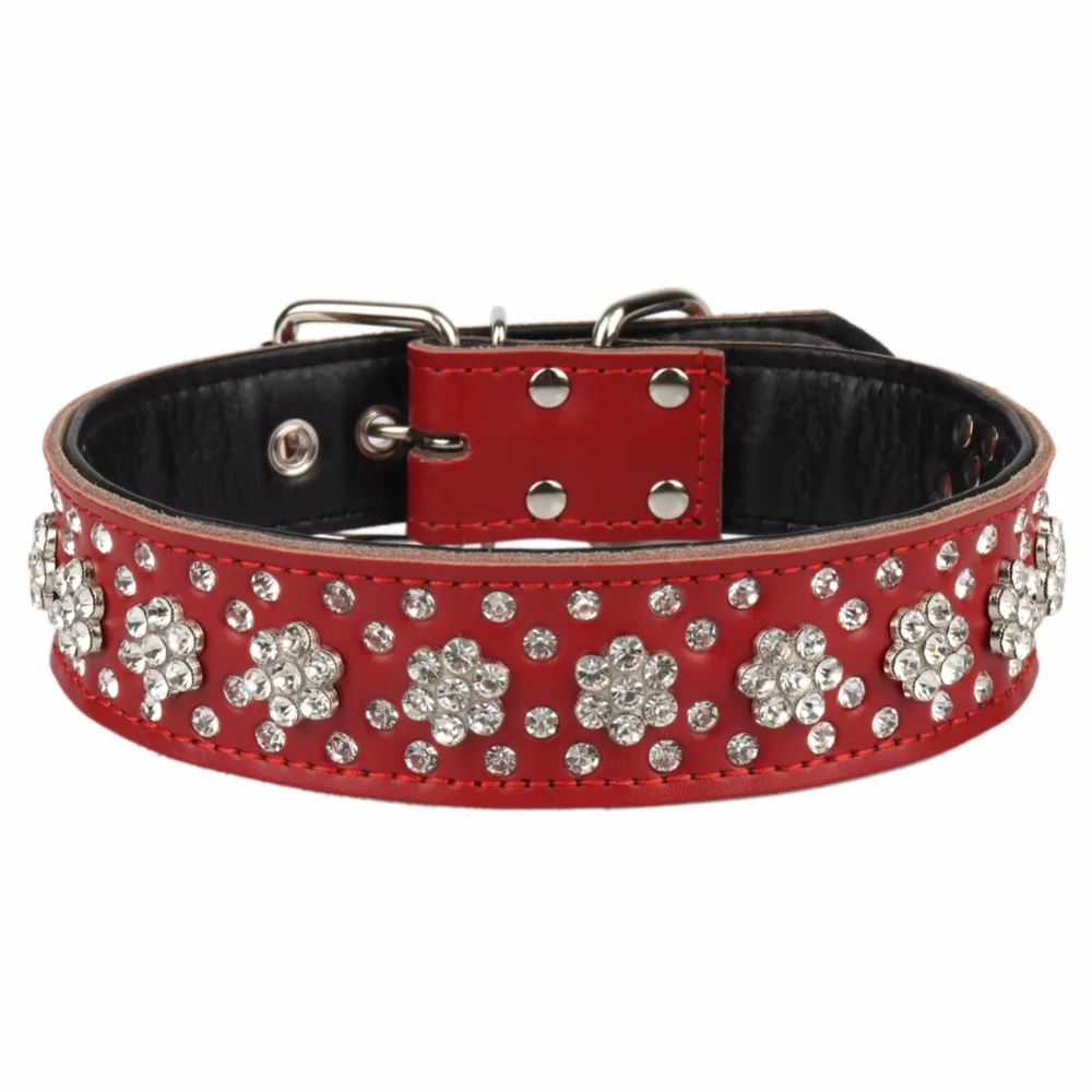 PipiFren Genuine leather Large Dogs Collars Rhinestone Accessories For
