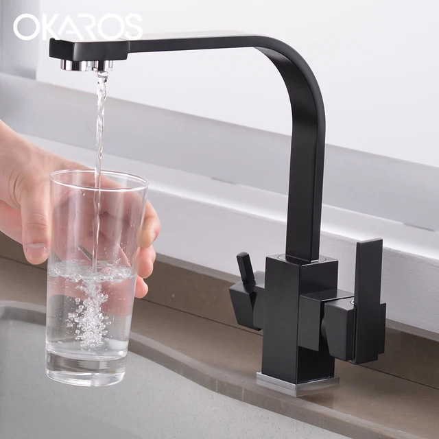 Special Price OKAROS Filter Black Faucet Kitchen Faucet Brass Two Hole Square Kitchen Bar Drinking Water Mixer Crane Grifo de cocina C016
