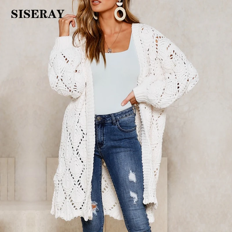 

2019 Autumn Geometric Hollow Chunky Knit Cardigan Women's Side Split Open Stitch Long Cardigan Solid Color Knitwear Coat Women