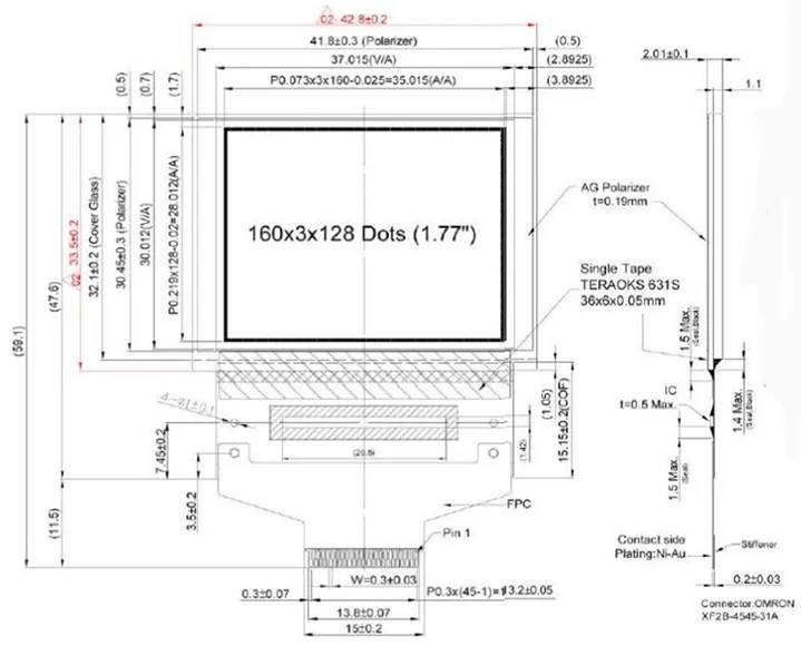 Maithoga 1,77 дюймов 45PIN полноцветный OLED экран SSD1353 диск IC 160*128(короткий FPC