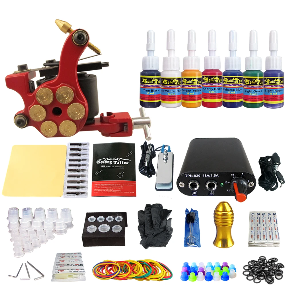 

Solong Tattoo Complete Beginner Tattoo Kit 1 Machine Gun 7 Color Inks Power Supply Grips Foot Petal Needles Set TK105-36