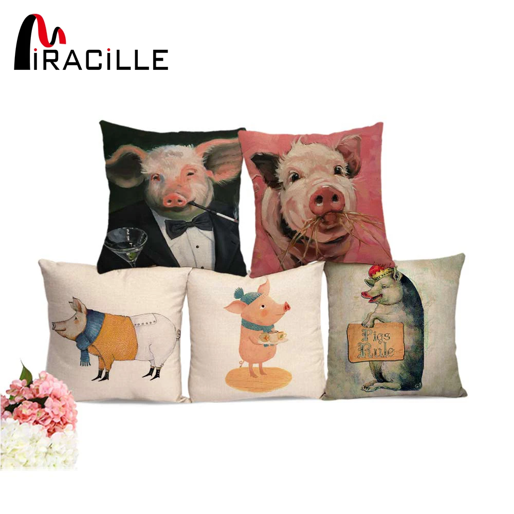 Чехол для подушки Miracille из хлопка и льна с милым рисунком поросенка домашняя