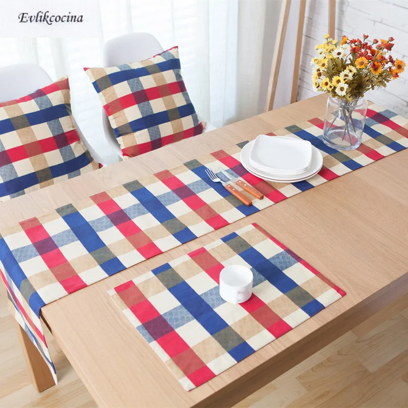 

Free Shipping Red Blue Large Lattice Placemat Dining Table Coaster Cloth Insulation Cup Pad Kitchen Mantel Individual For Table