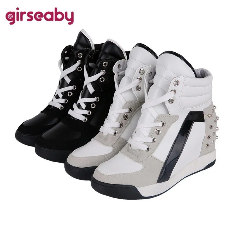 

Girseaby New Arrival Lady Rivets Hidden Wedge Heel High Top High Heels Lace up Cool Women Sport Sneakers Comfort Black T349